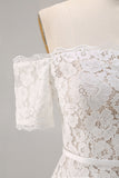 Off The Shoulder Lace Ivory Midi Rehearsal Dinner Dress