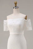 Off The Shoulder Lace Ivory Midi Rehearsal Dinner Dress