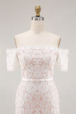 Off The Shoulder Lace Ivory Midi Rehearsal Dinner Dress