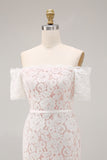 Off The Shoulder Lace Ivory Midi Rehearsal Dinner Dress