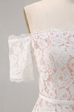 Off The Shoulder Lace Ivory Midi Rehearsal Dinner Dress