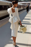 White Sheath Long Sleeve Courthouse Wedding Dress with Bow