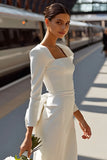 White Sheath Long Sleeve Courthouse Wedding Dress with Bow