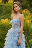 Blue A-Line Floral Tiered Ruffle Corset Long Prom Dress with Slit