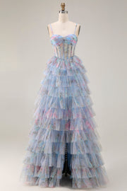 Blue Floral Tulle Ball Gown Tiered Ruffle Corset Long Formal Dress with Slit