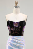 Sparkly Black and Lilac Sequin Floral Mermaid Corset Strapless Long Prom Dress