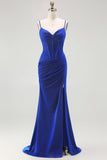 Royal Blue Mermaid Corset Ruched Lace Up Back Long Prom Dress with Slit