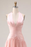 Halter Blush Pink A-Line Pleated Long Prom Dress with Slit