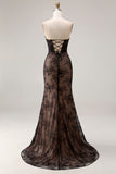 Strapless Mermaid Beaded Rose Black Lace Long Prom Dress with Slit