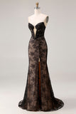 Strapless Mermaid Beaded Rose Black Lace Long Prom Dress with Slit