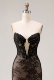 Strapless Mermaid Beaded Rose Black Lace Long Prom Dress with Slit