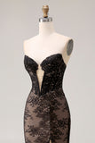 Strapless Mermaid Beaded Rose Black Lace Long Prom Dress with Slit
