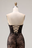 Strapless Mermaid Beaded Rose Black Lace Long Prom Dress with Slit