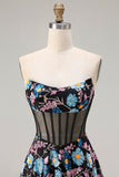 Strapless Black A Line Sheer Corset Print Floral Long Prom Dress with Slit