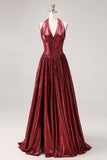Burgundy Metallic A Line Halter Neck Corset Long Formal Dress with Slit
