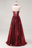 Burgundy Metallic A Line Halter Neck Corset Long Formal Dress with Slit