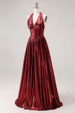 Burgundy Metallic A Line Halter Neck Corset Long Formal Dress with Slit