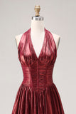 Burgundy Metallic A Line Halter Neck Corset Long Formal Dress with Slit