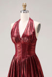 Burgundy Metallic A Line Halter Neck Corset Long Formal Dress with Slit
