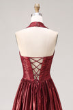 Burgundy Metallic A Line Halter Neck Corset Long Formal Dress with Slit