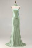 Sage Green Beaded Mermaid Strapless Satin Long Prom Dress with Cape