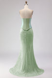 Sage Green Beaded Mermaid Strapless Satin Long Prom Dress with Cape