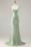 Sage Green Beaded Mermaid Strapless Satin Long Prom Dress with Cape