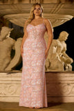 Blush Pink Spaghetti Straps Sheath Corset Long Plus Size Prom Dress with Appliques