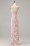 Blush Pink Sheath Sequin Corset Spaghetti Straps Long Prom Dress