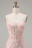 Blush Pink Sheath Sequin Corset Spaghetti Straps Long Prom Dress