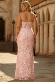 Sparkly Blush Pink Floral Sheath Sequin Corset Spaghetti Straps Long Formal Dress