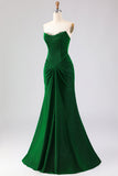 Strapless Mermaid Dark Green Ruched Satin Long Prom Dress with Lace Up Back