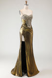 Metallic Bronze Mermaid Strapless Beaded Long Prom Dress with Slit