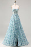 Strapless Blue Floral A-Line Beaded Convertible Long Prom Dress with Slit