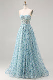 Strapless Blue Floral A-Line Beaded Convertible Long Prom Dress with Slit