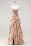Ivory Floral Embroidered A Line Corset Long Formal Dress with Ruffled Slit