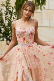 Champagne Flower A Line Ruffled Corset Long Prom Dress with Slit