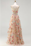 Ivory Floral Embroidered A Line Corset Long Formal Dress with Ruffled Slit