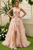 Champagne Flower A Line Ruffled Corset Long Prom Dress with Slit