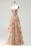 Ivory Floral Embroidered A Line Corset Long Formal Dress with Ruffled Slit