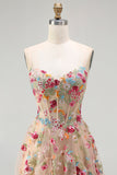 Ivory Floral Embroidered A Line Corset Long Formal Dress with Ruffled Slit