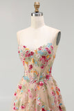 Ivory Floral Embroidered A Line Corset Long Formal Dress with Ruffled Slit