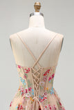 Ivory Floral Embroidered A Line Corset Long Formal Dress with Ruffled Slit