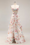 Ivory Floral Embroidered A Line Corset Long Formal Dress with Ruffled Slit