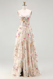 Champagne Corset Ruffled Beaded A Line Long Floral Formal Dress with Slit