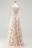 Champagne Corset Ruffled Beaded A Line Long Floral Formal Dress with Slit