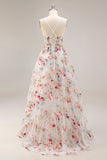 Ivory Floral Embroidered A Line Corset Long Formal Dress with Ruffled Slit
