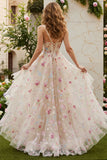 Ivory Flower A Line Corset Ruffled Long Prom Dress with Slit