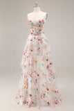 Ivory Floral Embroidered A Line Corset Long Formal Dress with Ruffled Slit
