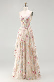 Champagne Corset Ruffled Beaded A Line Long Floral Formal Dress with Slit